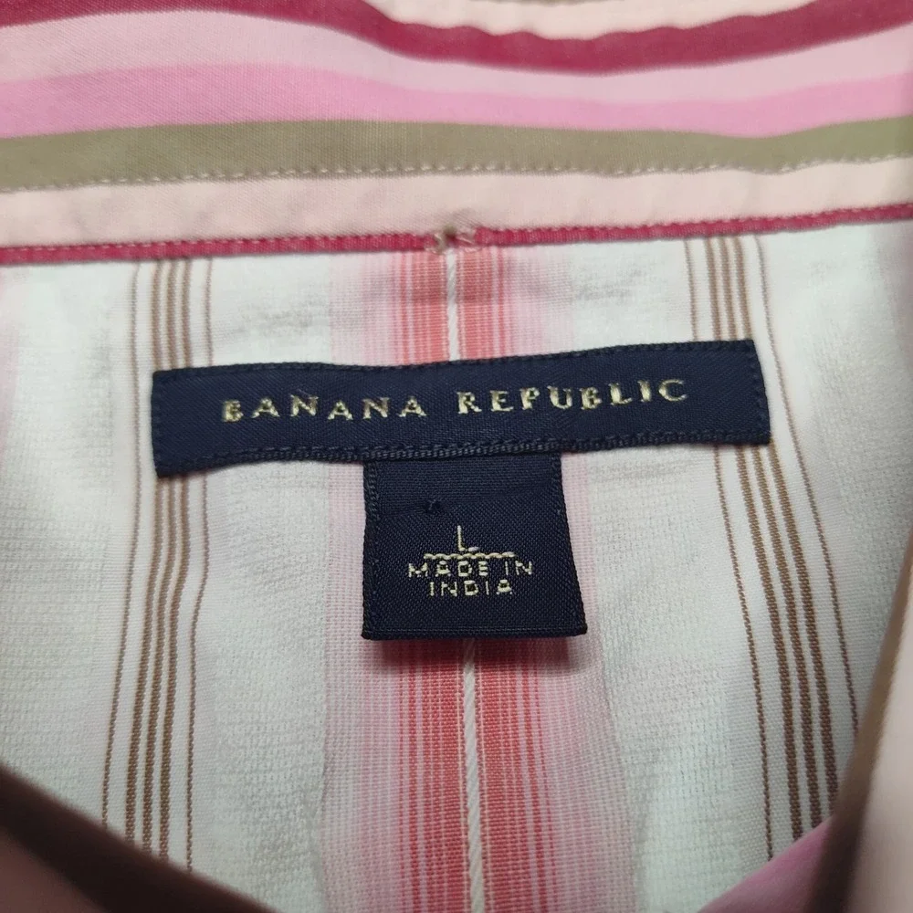 BANANA REPUBLIC Men Large Pink Striped Cotton  Flip Cuff Button Shirt‎